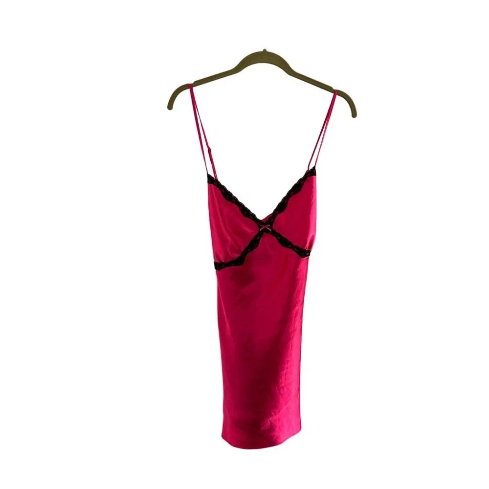Ambrielle Hot Pink‎ Slip Nightgown Black Lace Trim XL Adjustable Straps Babydoll